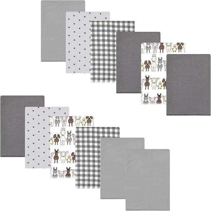 Luvable Friends Hudson Baby Flannel Burp Cloths 12pk, Farm Pals Gray