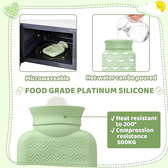 Amylove Mini Hot Water Bottle 320ml for Hot & Cold Compress with Cover Silicone Microwave Heating Small Water Bag for Travel Pain Relief Holiday Gifts(Green)