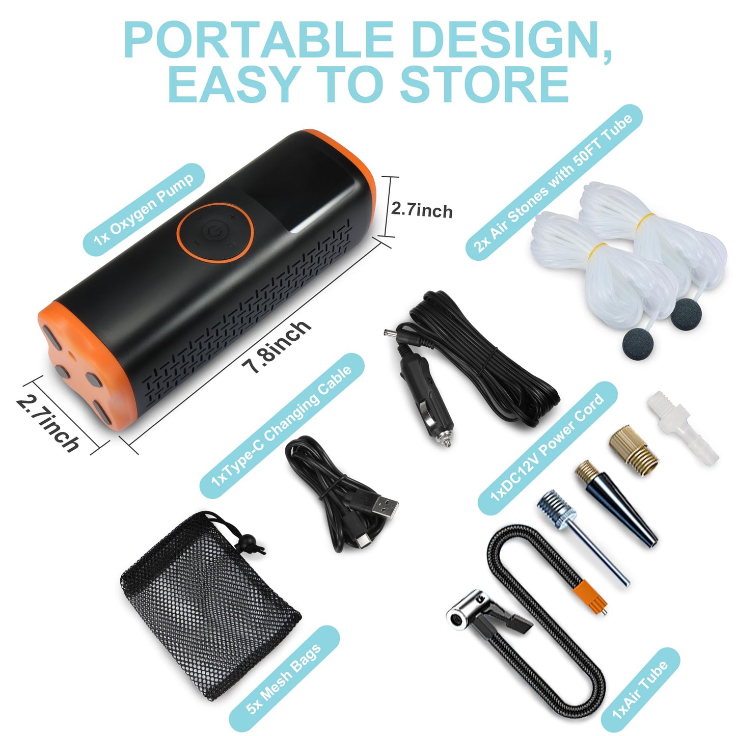 Xyuee Portable Rechargeable Air Compressor - 7500mAh Underwater Fish Attraction Oxygen Device / 150PSI Air Pump with Fish Attracting Gear, LED Lights&Pressure Gauge for Car Tires, Bubble Bait Fishing