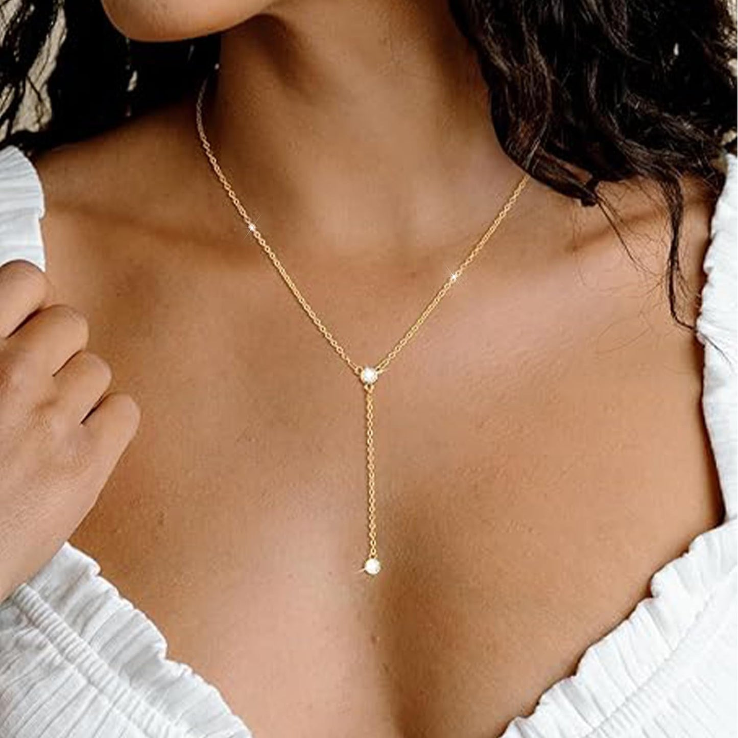 HERIER Lariat Gold Necklace for Women 14k Gold Plated Dainty Long Y Necklaces CZ Pendant Drop Choker Necklace Trendy Simple Gold