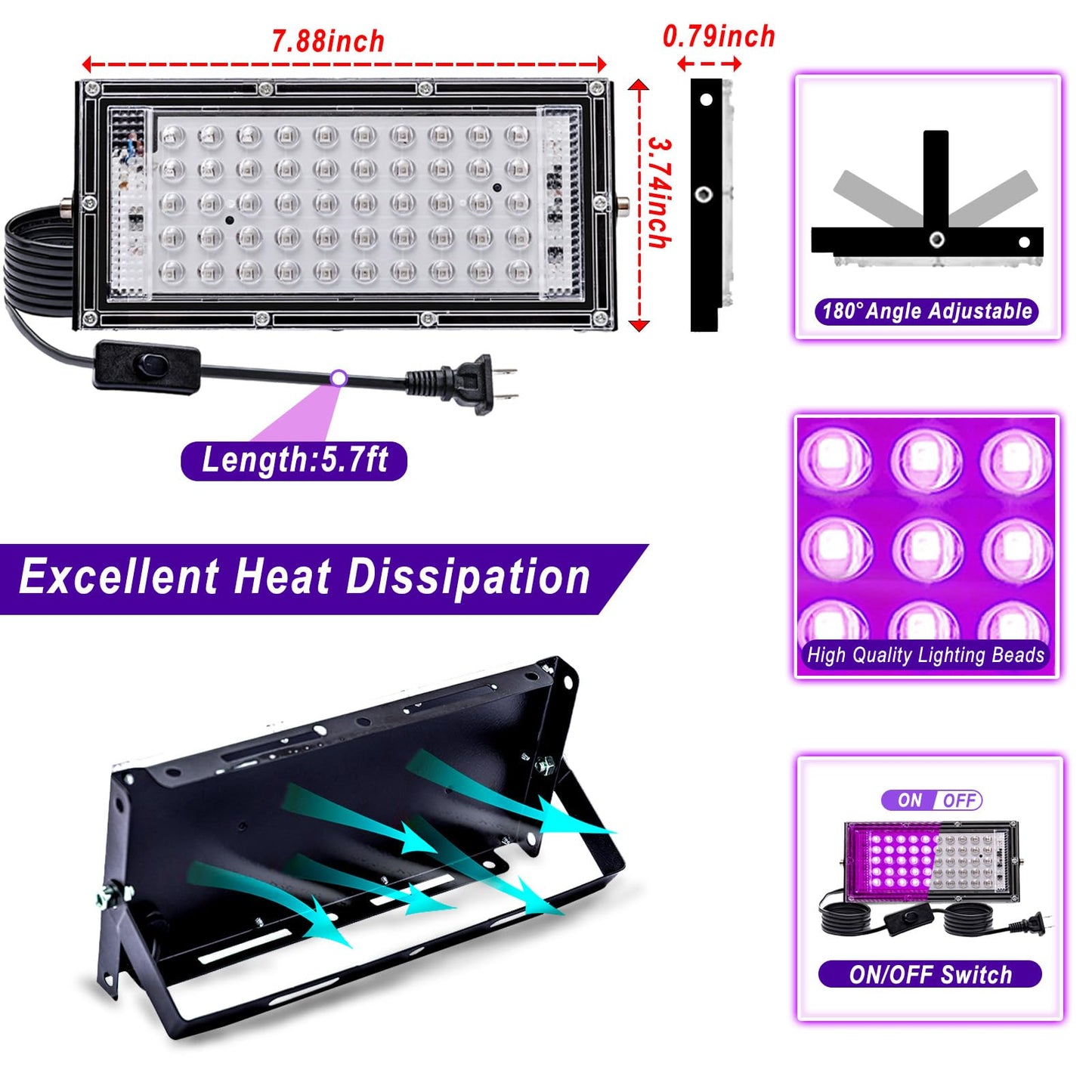 Akpgf 4 Pack 50W Black Light, LED Blacklight Flood Light with US Plug and Switch, Black Lights for Glow Party,Halloween,Body Painting,Birthday Party,Fluorescent Painting and Fluorescent Tapestry