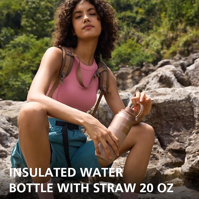 Greylock 20 oz Black Water Bottle Insulated with Straw Lid, Reusable Metal Water Bottle Stainless Steel with Carry Handle for Travel,Sports, BPA-Free Leak Proof When Closed, Cold for 24 Hours
