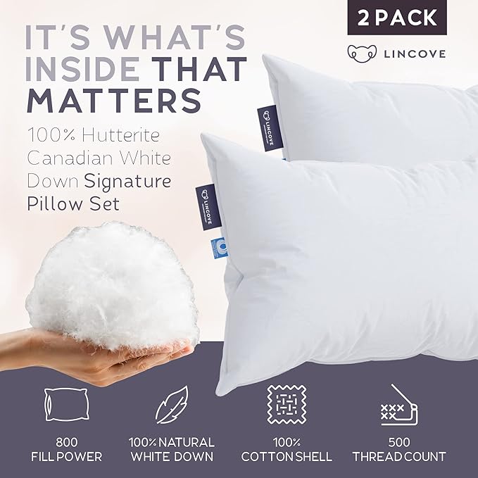 Lincove Signature 100% Natural Canadian White Down Luxury Sleeping Pillow - 800 Fill Power, 500 Thread Count Cotton Shell, Made in Canada, King - Firm, 2 Pack