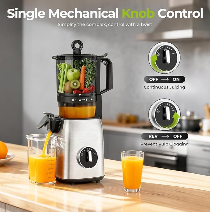 Cold Press Juicer, 5.4" Extra Wide Feed Chute Juicer Machines for Whole Vegetables & Fruits, 98% High Juice Yield, Easy Clean & Install, Compact Slow Masticating Juicer with 300W, Silver