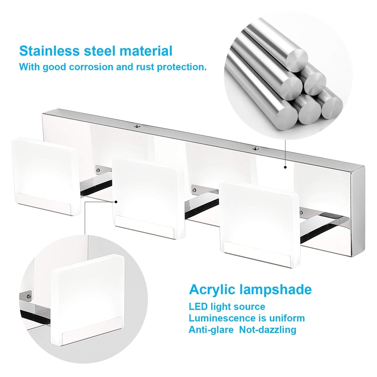 Ralbay Led Vanity Light - 3-Light Bathroom Wall Light, Acrylic & Stainless Steel, Chrome Finish, Model 8281-3T