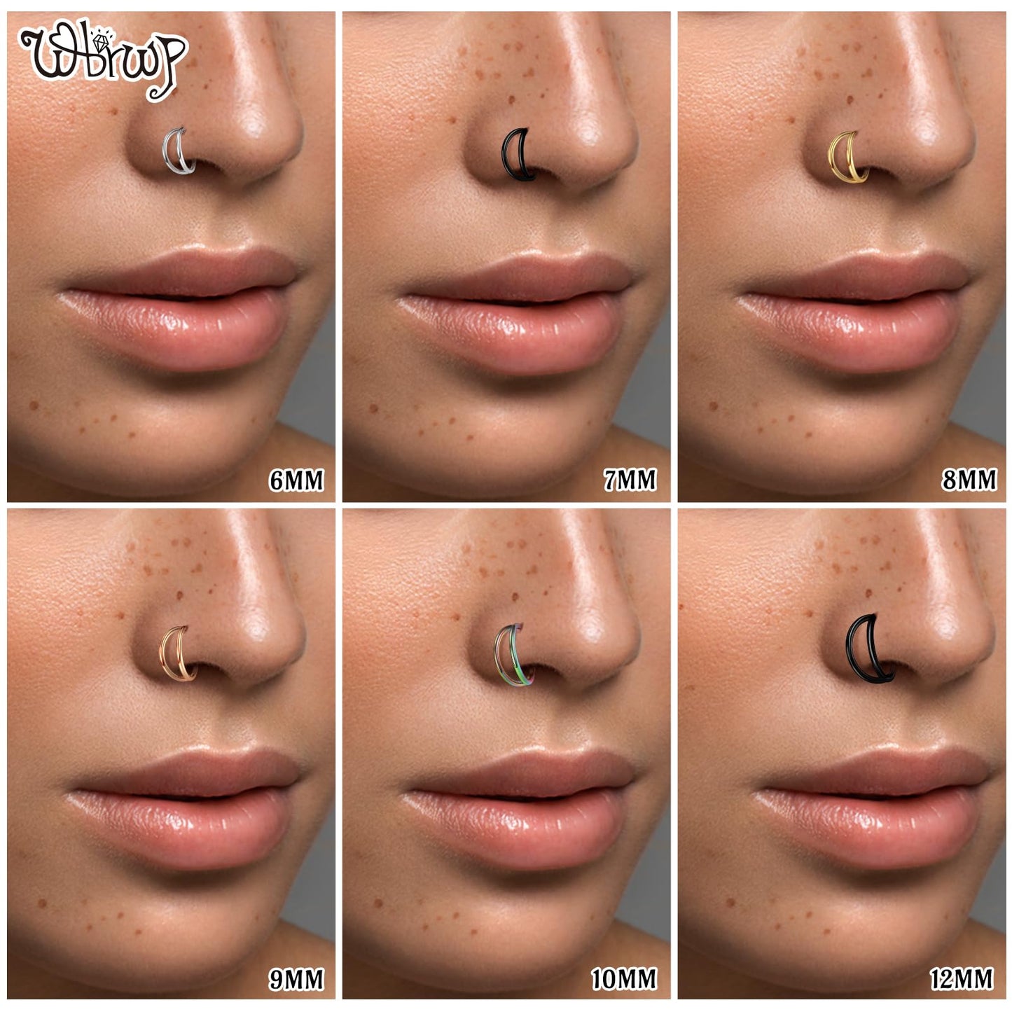 WBRWP Nose Ring Lip Rings Septum-Clicker : Double Ring Open Stacked Silver Ring 20G 8mm 316L Surgical Steel Sleeper Earring Heli