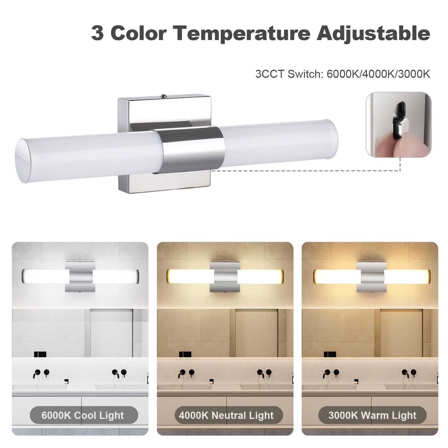 Trlife Modern Dimmable Bathroom Vanity Light, 8W, 15.7Inch, Stainless Steel, 3 Color Temperature, Model Vanity-3Co-40L