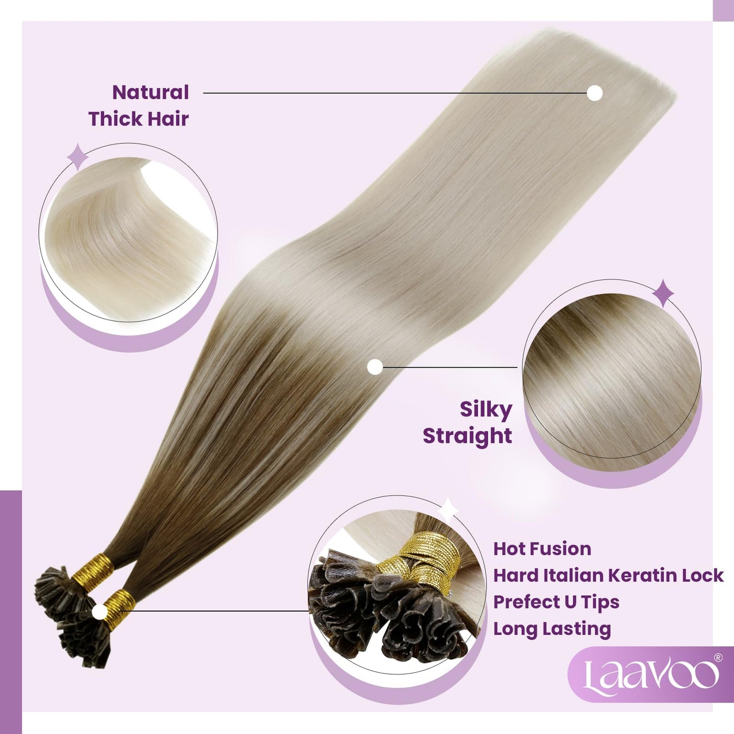 LAAVOO Remy Human Hair Extensions 18 Inch U Tip Ombre Blonde Mix Light Brown 50set
