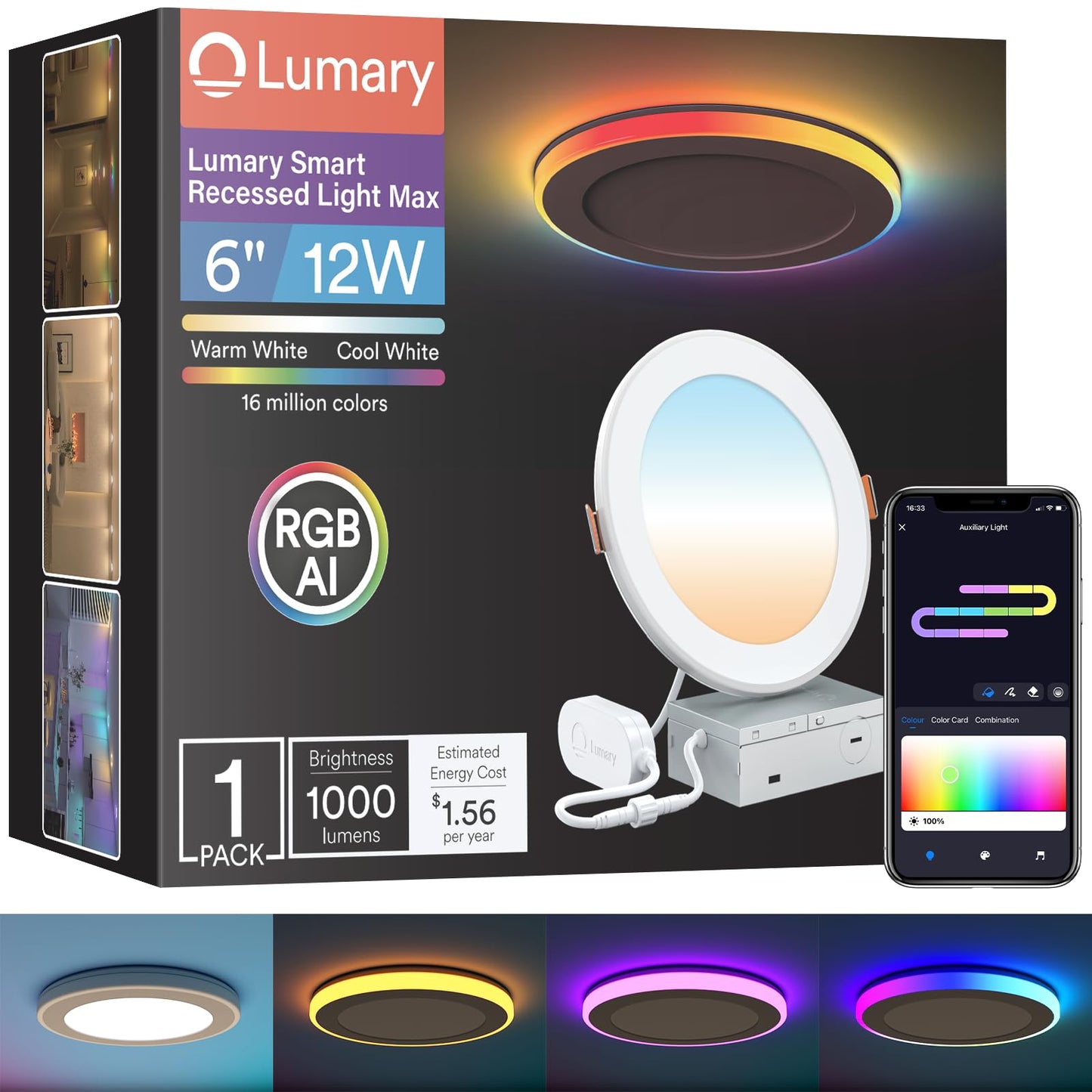 Lumary Rgbai Smart Recessed Lighting 6 Inch With Gradient Accent And Night Ring  12W 1000Lm Wi-Fi Led Recessed Lights  Led Downlight Compatible With Alexa/Google Assistant/Siri  1Pcs