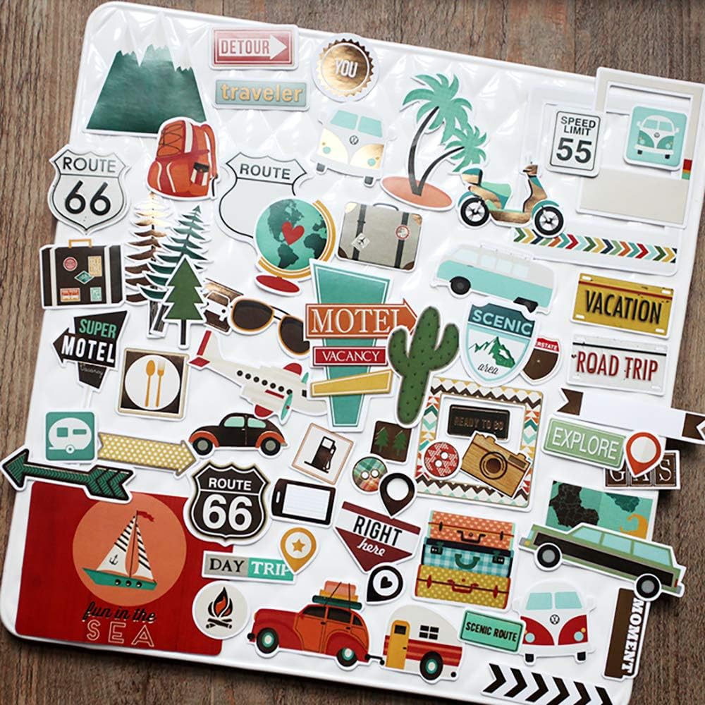 Doraking Foil Gold Paper Stickers, 65PCS Travel Themed Decoration for Scrapbook, Multicolored, Waterproof, Premium Adhesive Paper, Irregular Shaped, Holiday Travel Style