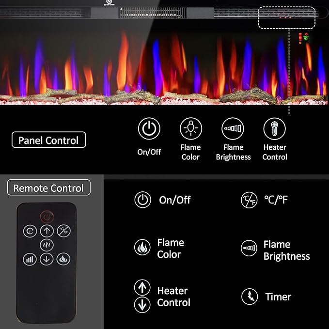 HOMCOM 50" Electric Fireplace Recessed and Wall Mounted with Remote Control, 1500W Fireplace Heater with 8H Timer, Adjustable Flame Color and Brightness, Log and Crystal