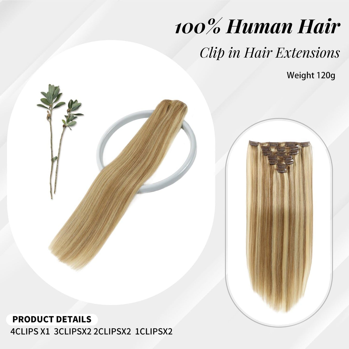 Clip in Hair Extensions Highlight Real Human Hair Straight 16 Inch Medium Brown Blonde 7pcs 120g Clip ins Hair Extensions Brazil
