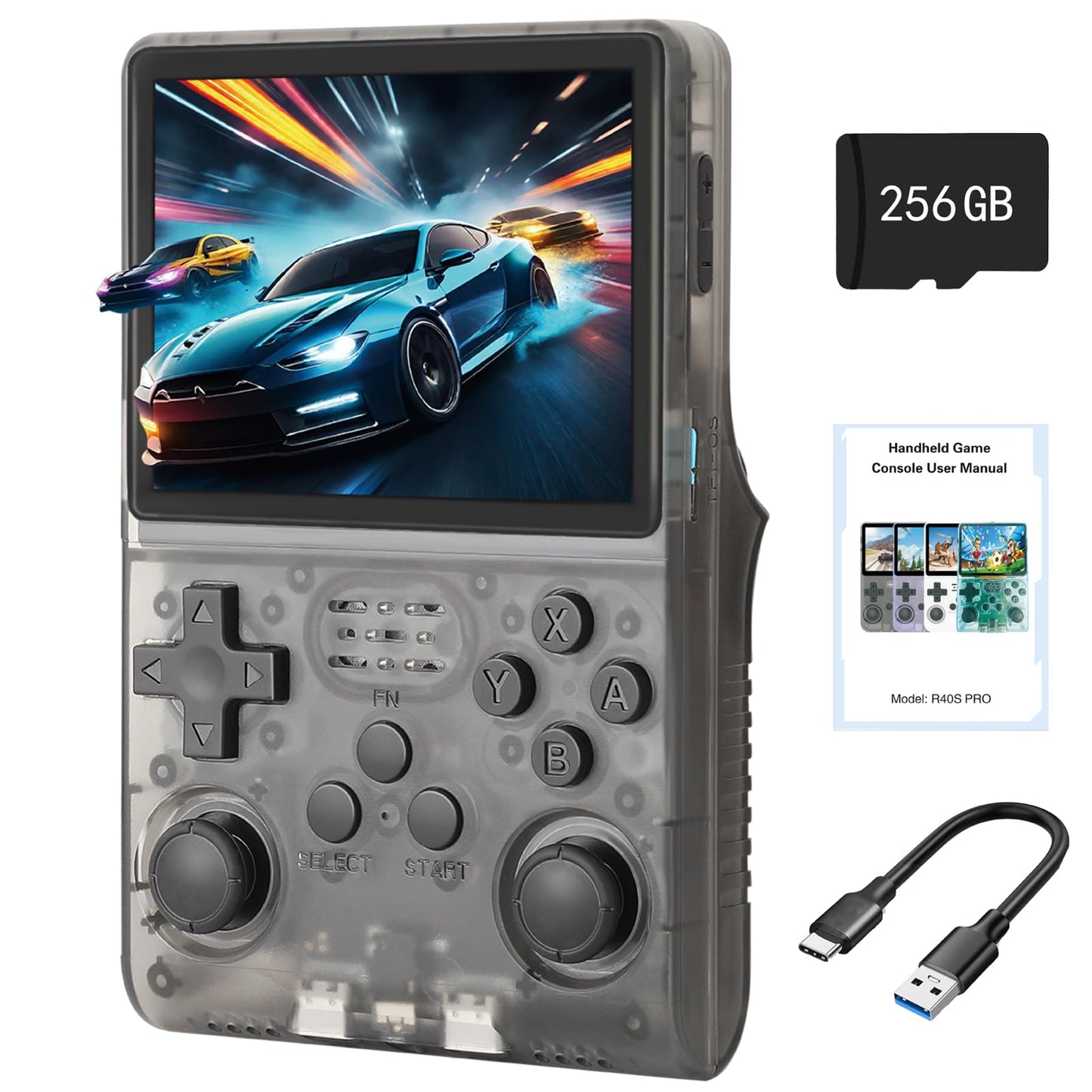 WYGaming R40S Pro+ Handheld Game Console, 30000 in 1 Games Mini Retro Video Console, 3.5-Inch IPS Screen,256GB TF Memory Memory,Built in 45+ Emulators,3800mAh Battery (Transparent Black 256G)