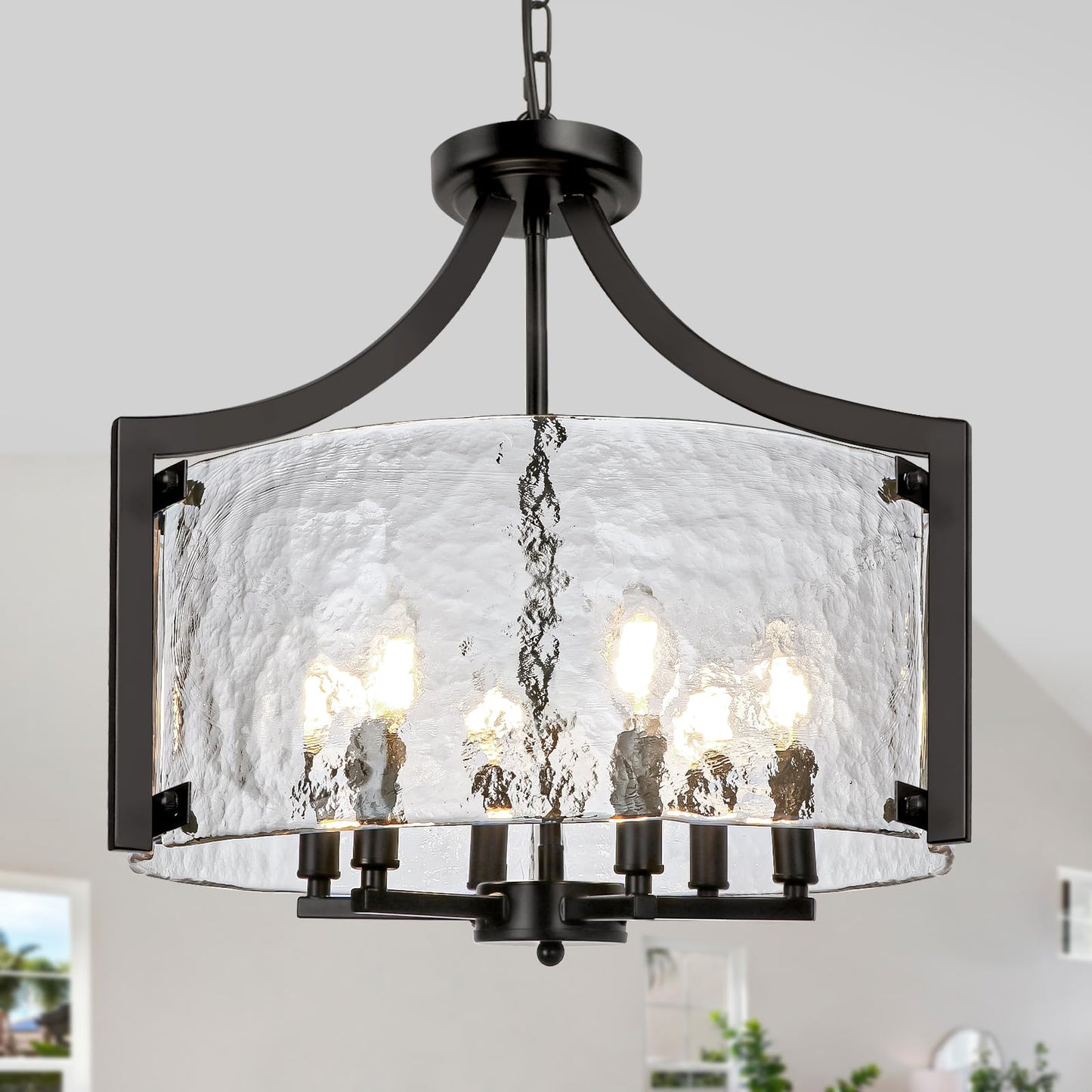 Wbindx 6-Light Glass Chandelier For Dining Room  19.3 Modern Black Foyer Chandelier Convertible Semi Flush Mount Ceiling Light  Farmhouse Pendant Lighting For Entryway Foyer Bedroom Kitchen