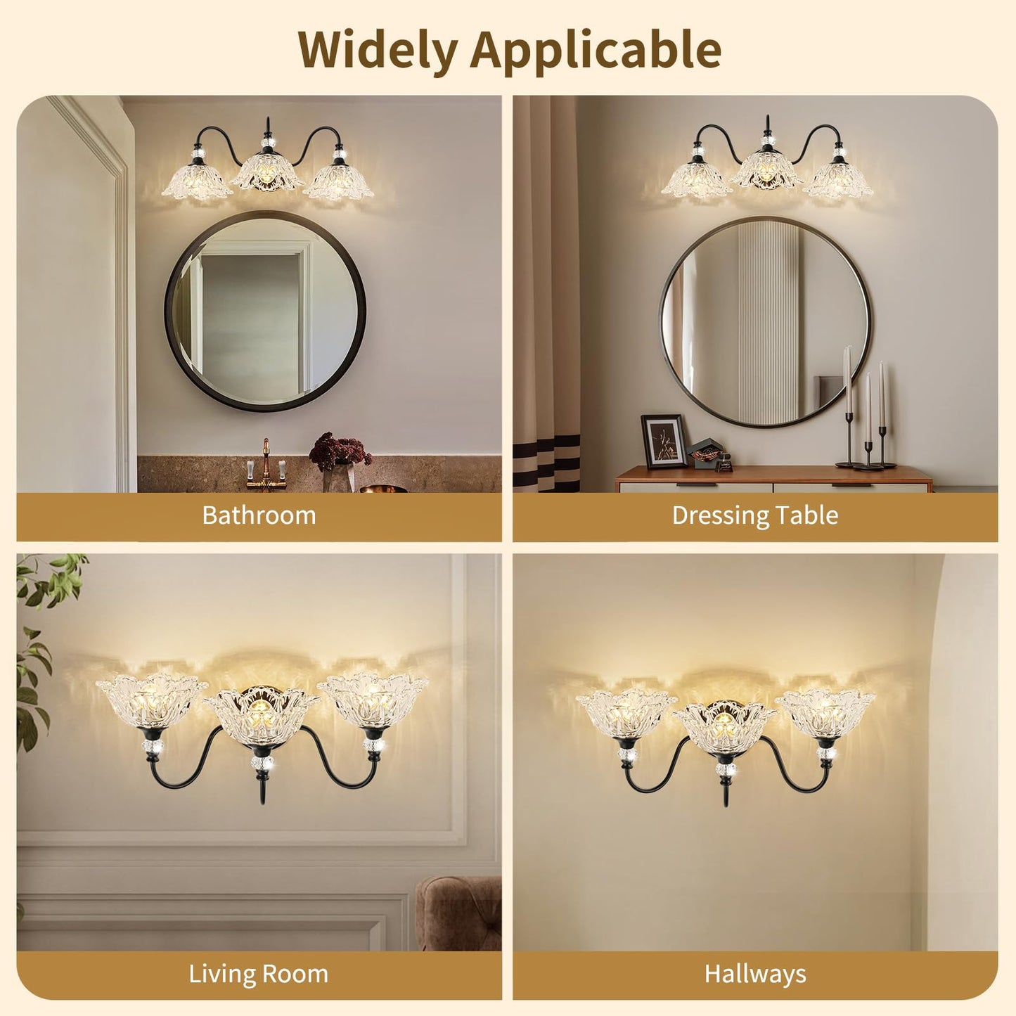 Black Bathroom Vanity Light 3-Light Vanity Light With Crystal Glass Shades Vintage Farmhouse Vanity Lighting For Bathroom And Dressing Table