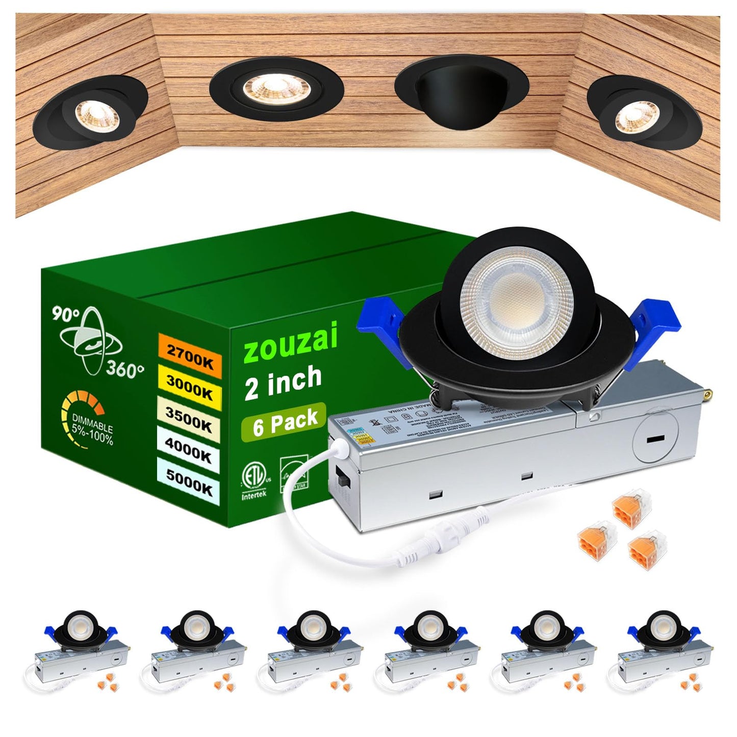 Zouzai 2 Inch 5Cct Gimbal Black Led Recessed Lighting With Junction Box  360+90 Adjustable Led Recessed Lights  2700K/3000K/3500K/4000K/5000K  5W Eqv 50W  550Lm Brightness - Etl (Black  6 Pack)