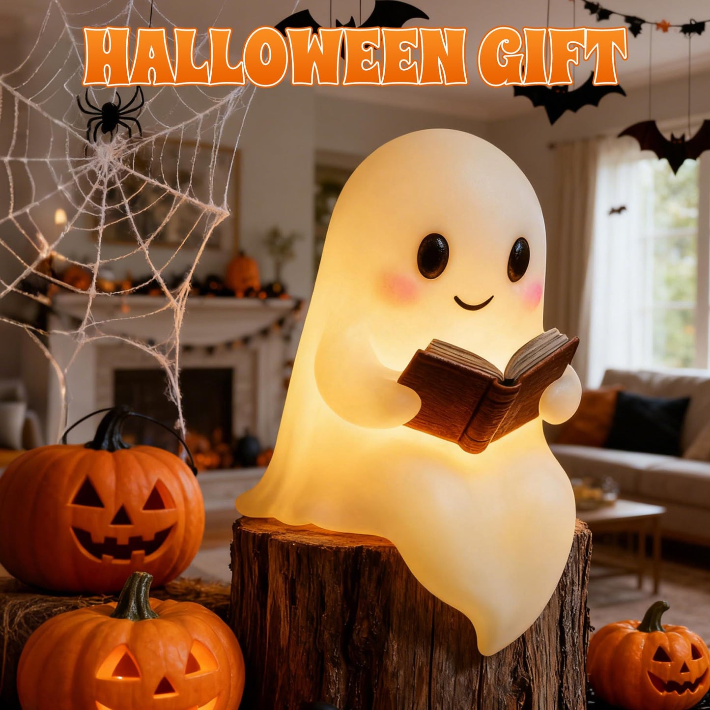 Ghost Reading Book Lamp  7.8In Ghost Night Light  Cute Halloween Ghost Figurines Statue Decor  Funny Night Lamp Statue For Bedrooms  Study Rooms  Living Rooms  Halloween Decorations Gifts (Big)