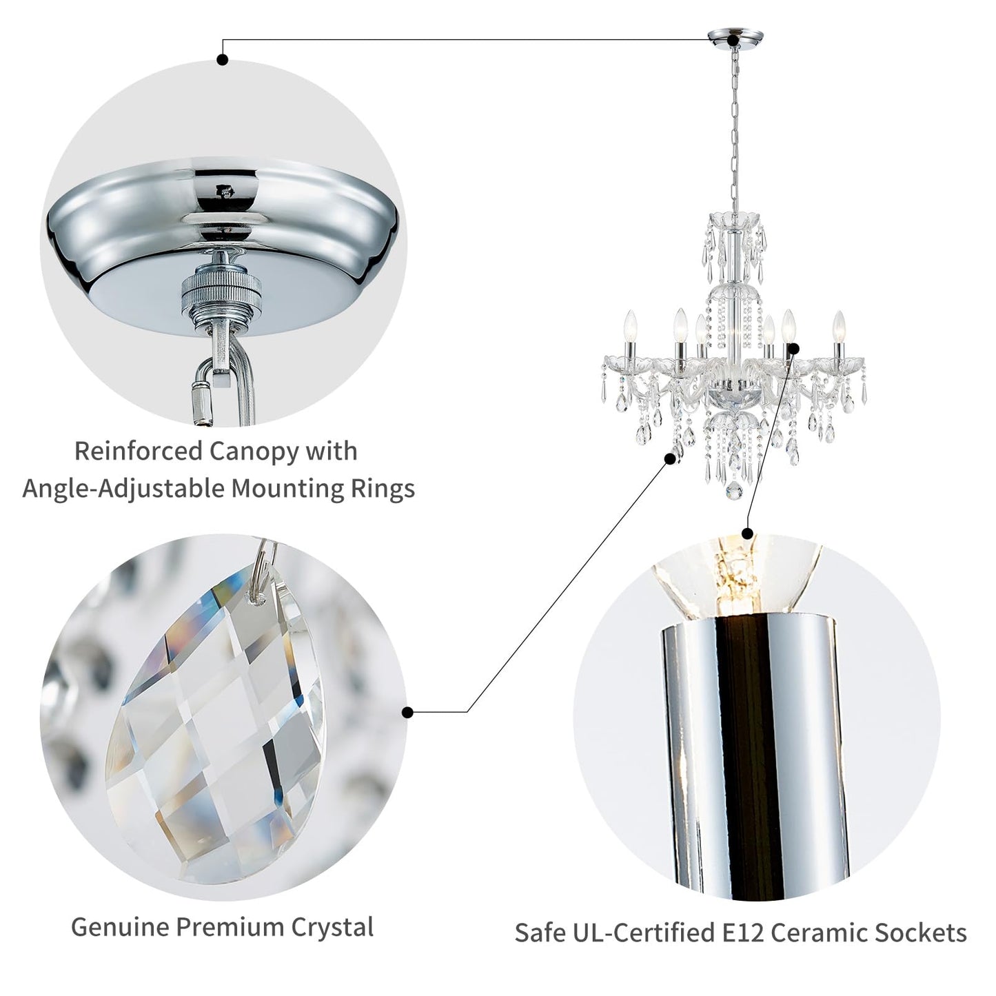Wuzups 6-Light Crystal Candle Chandelier Pendant Ceiling Light Modern Lighting Fixture For Bedroom Hallway Bar Kitchen Bathroom  H 25.6 W 24.4  E12 Base  Chrome
