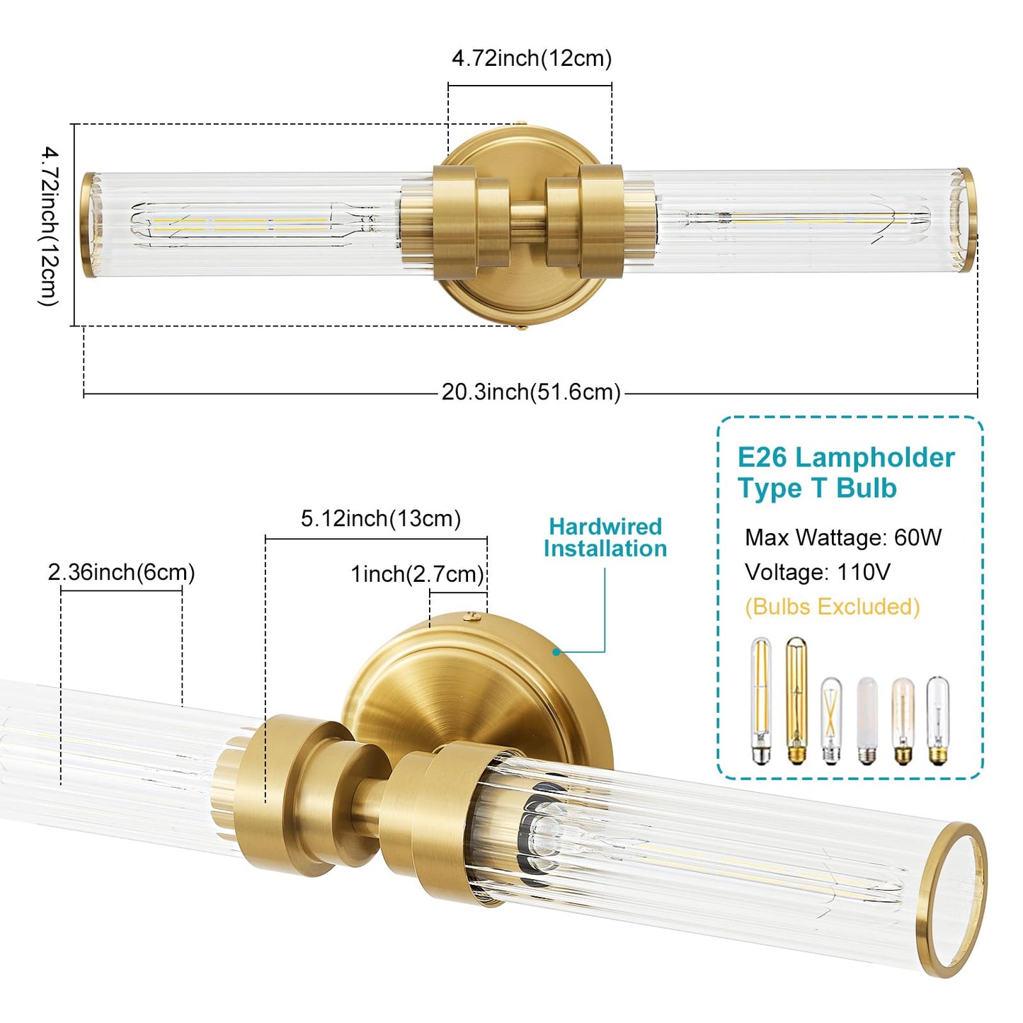 Vaziden Bathroom Light Fixtures  Gold Wall Sconce In Threaded Glass Vanity Lights 2 Pack  Modern Bathroom Vanity Light Up And Down Sconces Wall Lighting For Bathroom  Living Room - Bulb Not Included