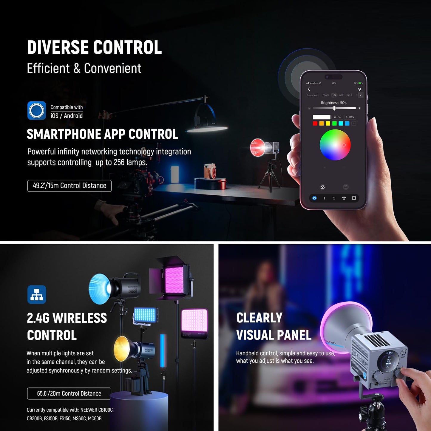 NEEWER 60W Portable RGB LED Video Light Handheld Fill Light, APP/2.4G/Panel Control 18 Scenes 8700Lux/1m 2700-6500K CRI97+ Dimmable COB Continuous Output Lighting for Video Recording Streaming, HS60C