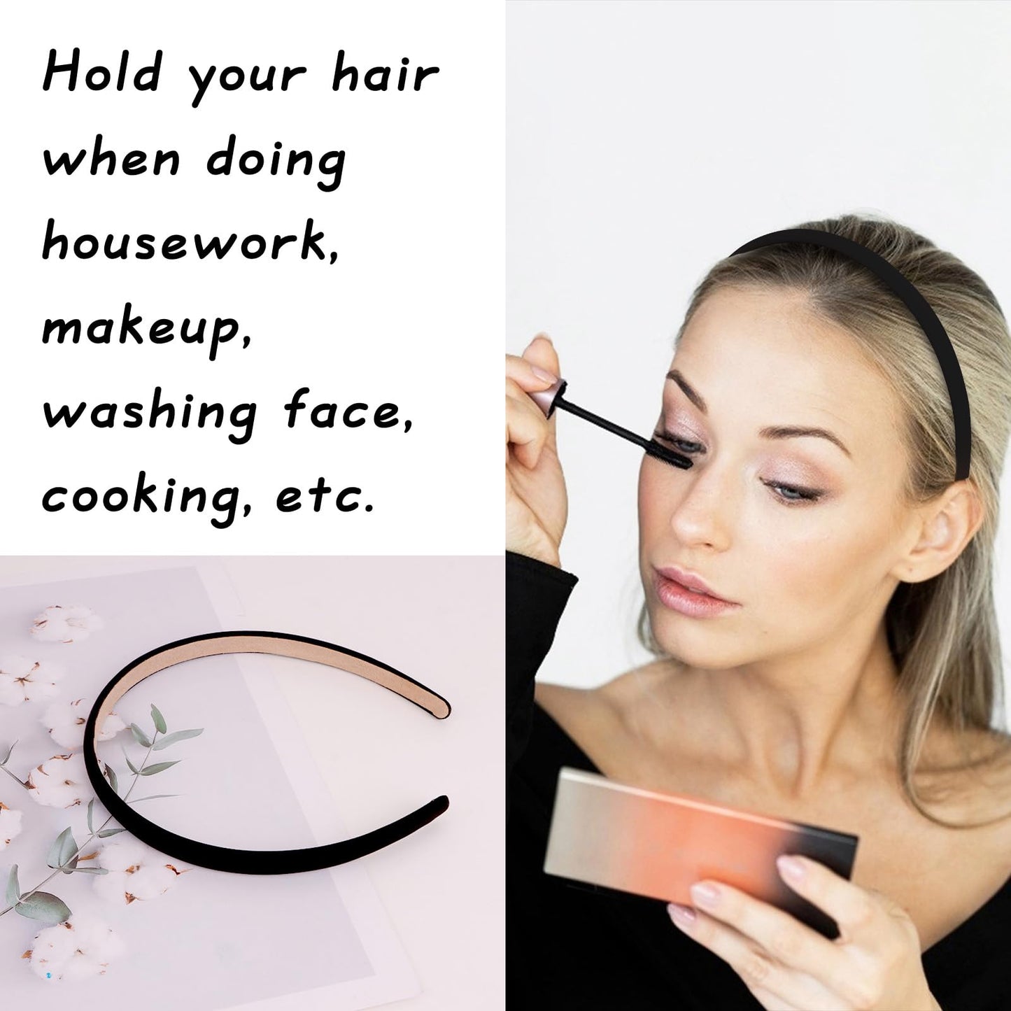 Wecoe Black Narrow Satin Headbands, 10pcs Non Slip Fashion Hair Bands for Women & Girls' Hair - Holiday & DIY Costume Accessorie