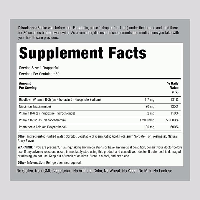 Piping Rock Vitamin B Complex with B12 | Liquid Drops | 1200 mcg 2oz | Sublingual Supplement | Berry Flavor | Vegetarian, Non-GMO, Gluten Free