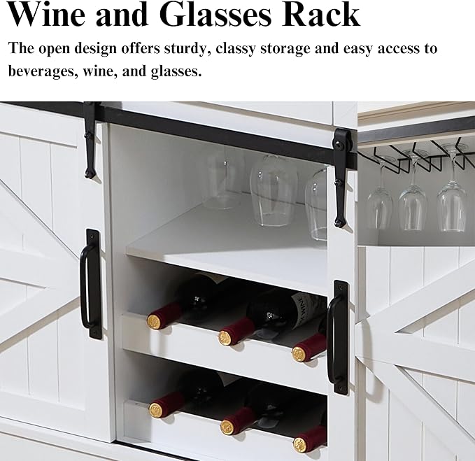 Farmhouse Bar Cabinet with Wine Rack 54" Coffee Buffet Cabinet with Sliding Barn Doors, Adjustable Shelves Rustic Kitchen Cabinets with 3 Drawers for Dining Room, Black with White