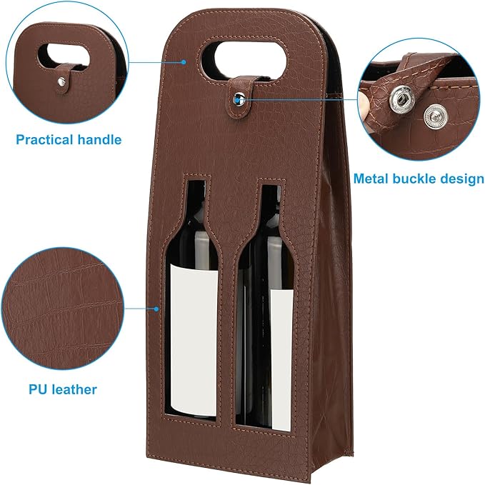 PATIKIL 2 Bottle Wine Gift Bag, 2 Pack Wine Bag Reusable Leather Wine Tote Carrier for Wine Bottles Portable Champagne Gift Bags for Picnic Party Wedding, Brown-2