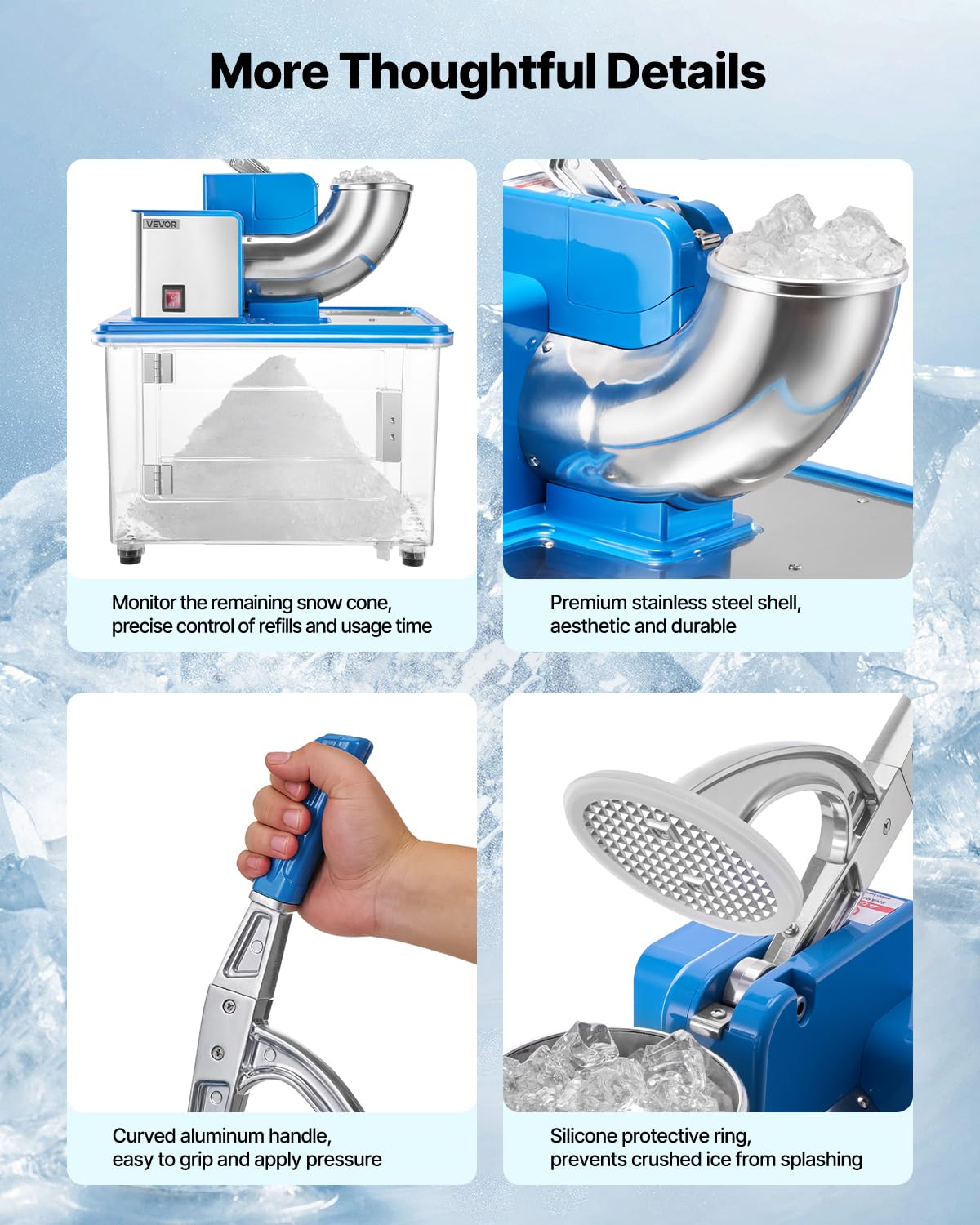 Vevor Commercial Ice Crusher 661Lbs/H, 350W Electric Snow Cone Machine With 4 Blades, 2000Rpm Stainless Steel Shaved Ice Machine