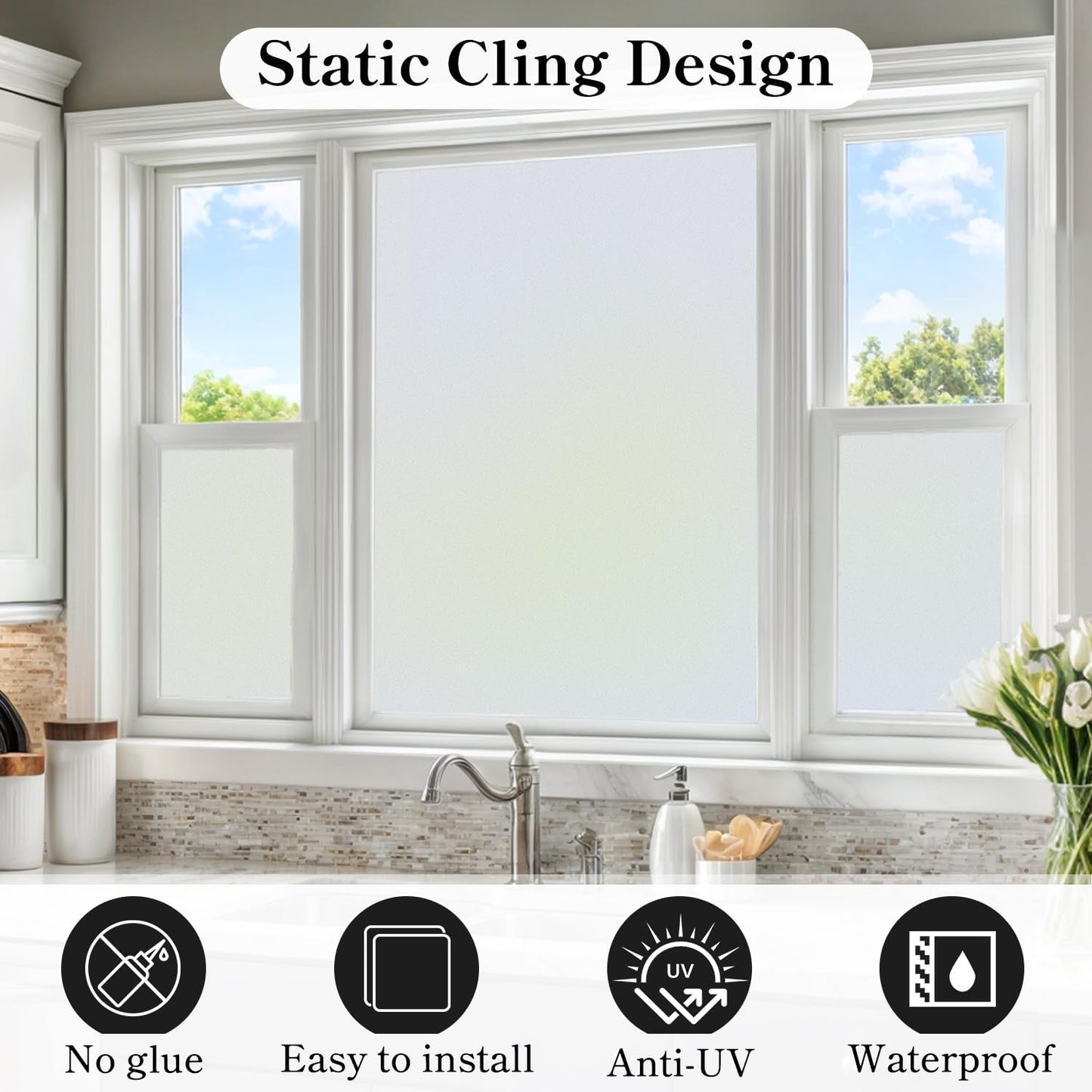 DUOFIRE Privacy Window Film Frosted Glass Film Matte White Static Cling Glass Film No Glue Anti-UV Window Sticker Non Adhesive for Privacy Office Meeting Room Bathroom Living Room DS001W 23.6x118in