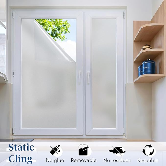 Haton Window Privacy Film Frosted Glass for Bathroom, Static Cling UV Sun Blocking Window Clings, Opaque Decorative Coverings Removable Sticker Heat Control Tint for Home Door, Pure 35.4" x 118.1"