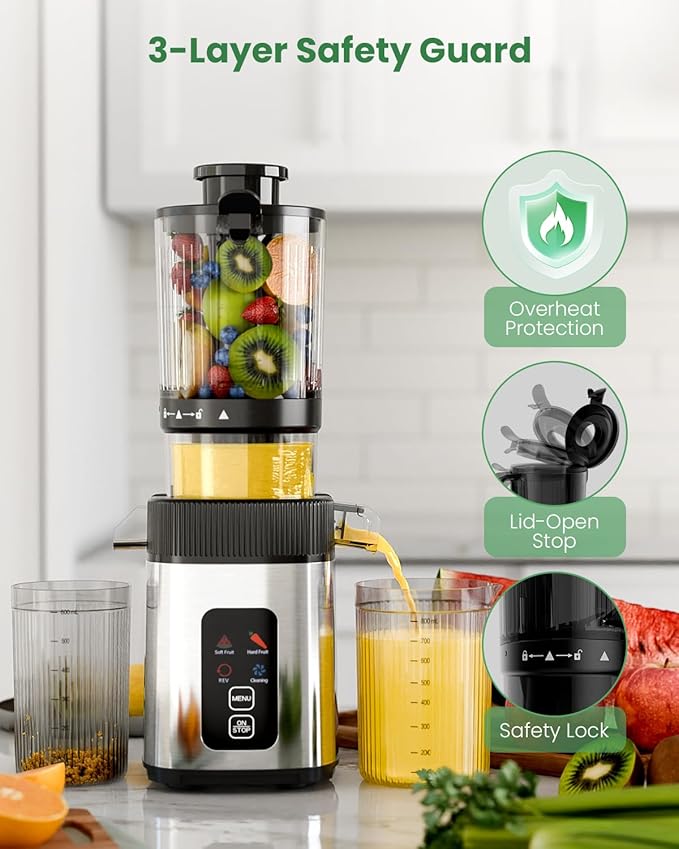 Kismile Cold Press Juicer Machine with Touch Control & 3 Modes, 4.35” Wide Feed Chute Slow Juicer for Whole Fruits & Vegetables, Stainless Steel Juicer Press, Easy to Clean, High Juice Yield for Home