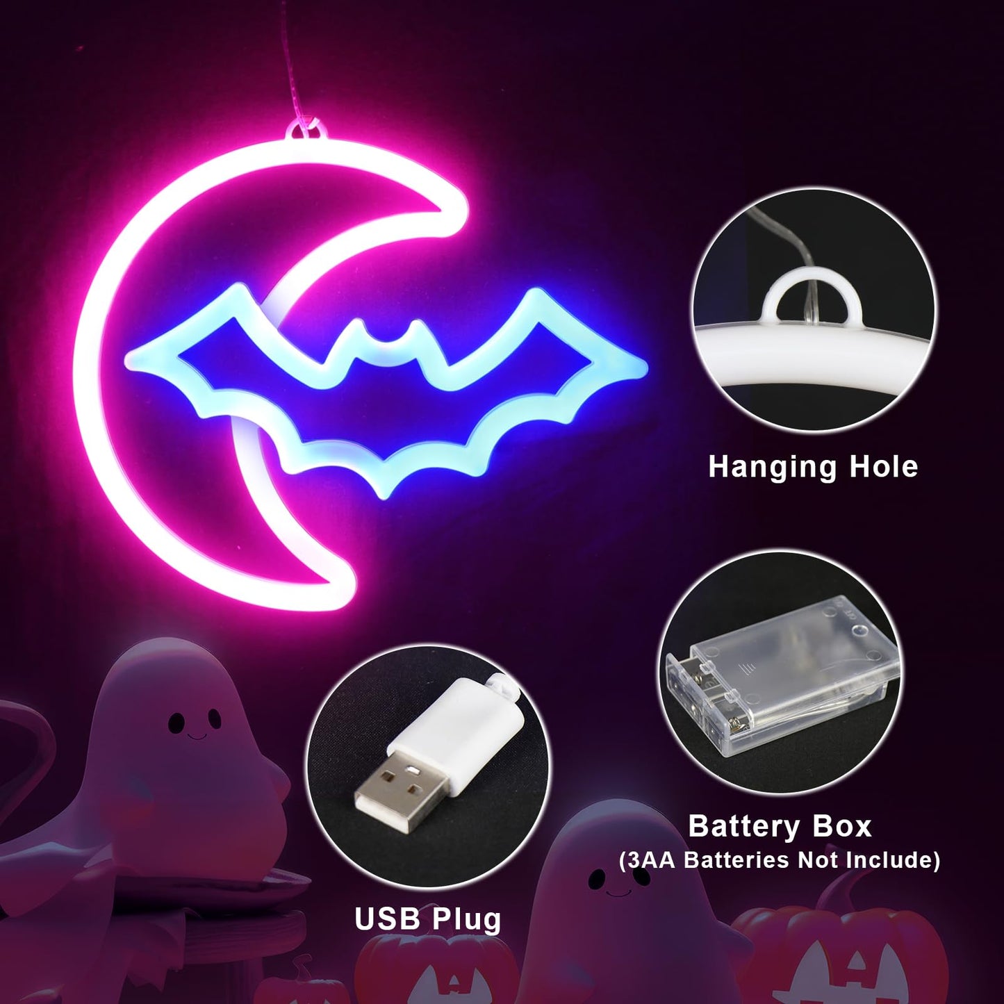 Brightdeck 2 Pack Halloween Neon Signs  White Ghost  Blue Bat Full Moon Neon Lights Decorations  Usb/Battery Powered Led Neon Sign For Halloween Wall Decor  Bedroom  Kids Gift  Living Room  Bar  Party (Half Moon)