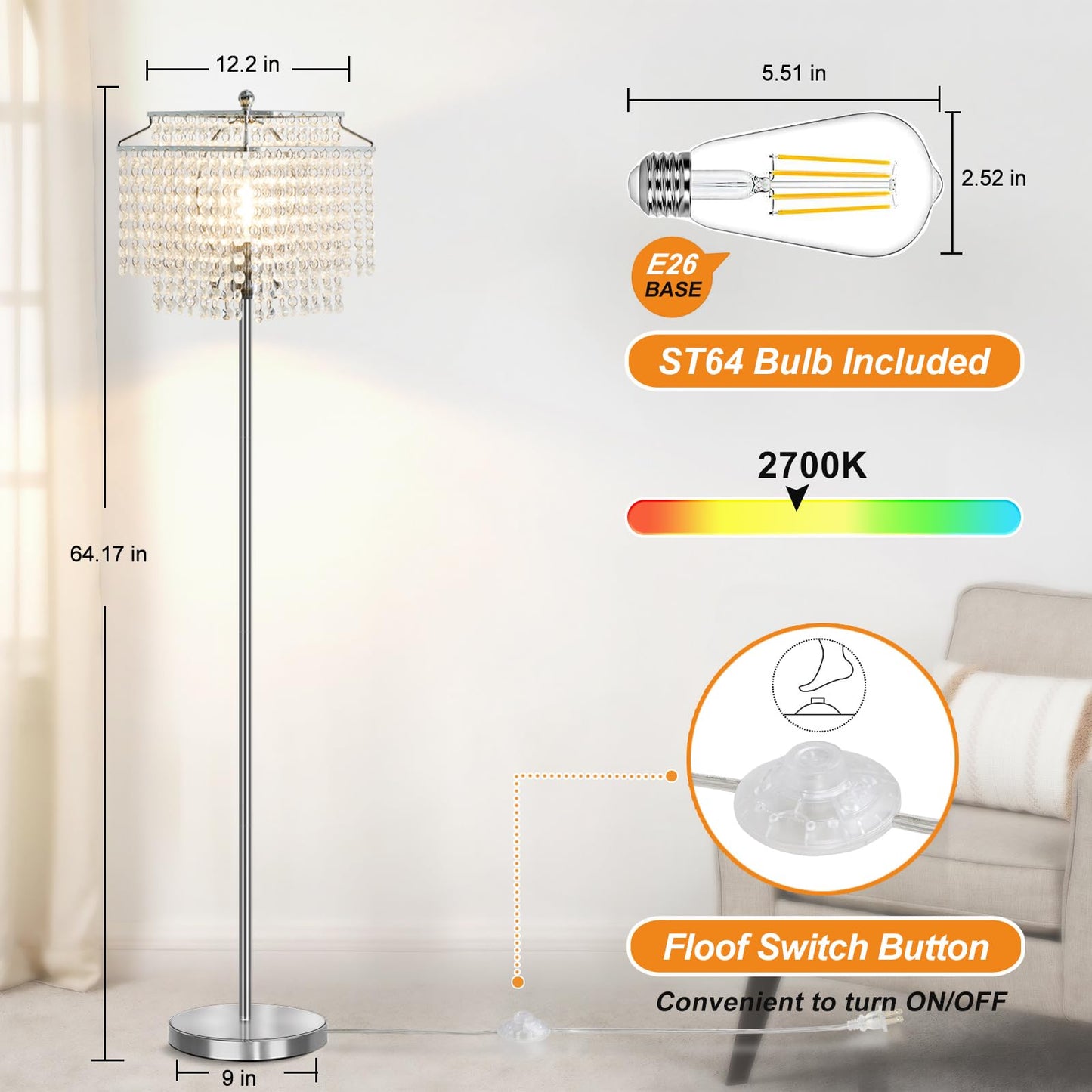 Luvkczc Silver Crystal Floor Lamp, Modern Design, Double-Layer Lampshade, On-Off Foot Switch, 8W Bulb Included
