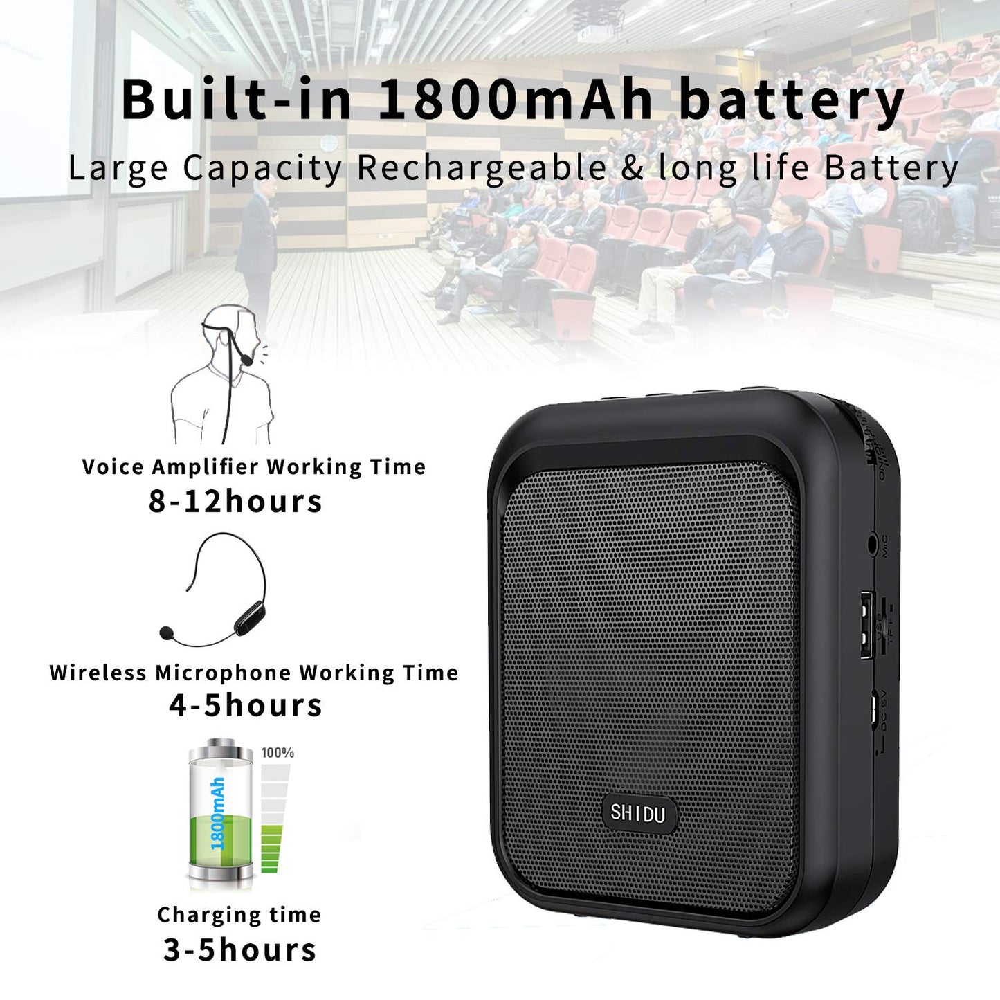 Shidu Mini Voice Amplifier Portable Bluetooth Speaker With Uhf Wireless Microphone Headset 10W 1800Mah Pa System Supports Mp3 Fo
