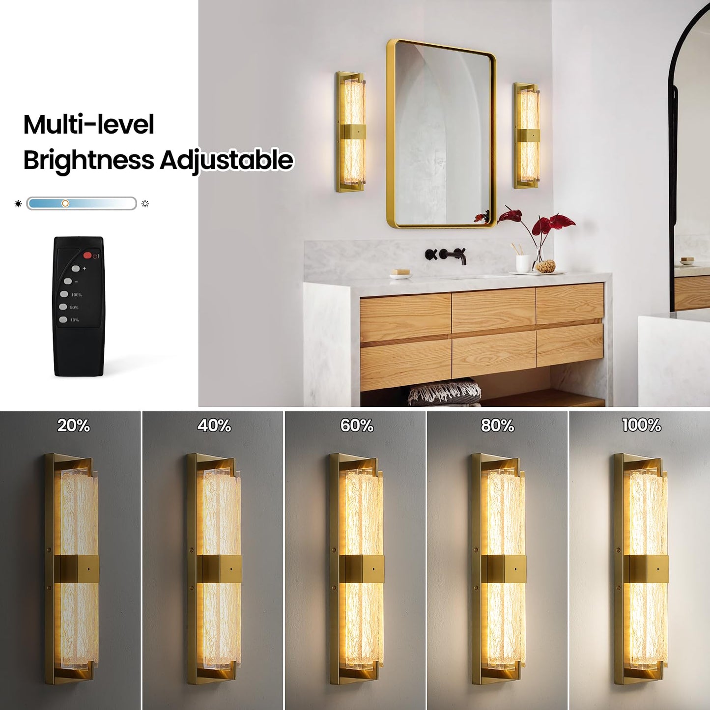 Battery Operated Resin Wall Sconce - Wireless Rechargeable Gold Wall Light Dimmable Led Remote Wall Sconces Lighting Modern Cordless Brushed Brass Vanity Light Fixture For Living Room Bedroom Bathroom