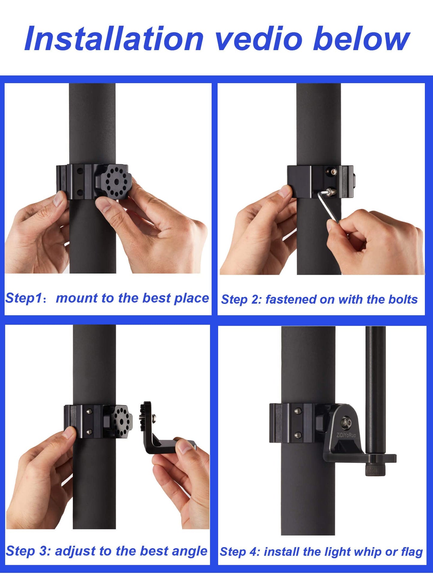 Zidiyoruo Utv Whip Light Mount - Easy To Install On 1.75 To 2 Roll Bar, Aluminum Alloy Mounting Bracket, 360 Adjustable Design F