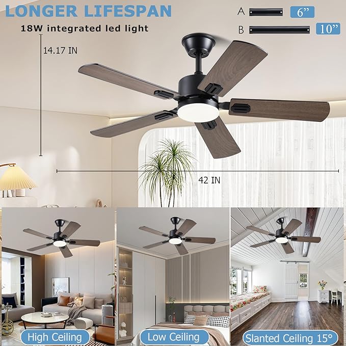 Ceiling Fans with Lights, 42 Inch Low Profile Ceiling Fan with App/Remote Control, DC Reversible Motor, Dimmable LED Ceiling Fans for Bedroom,Indoor/Outdoor Patio Use（Brown）