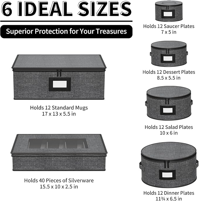 Aokeyee China Storage Containers- 6 Piece Set Hard Shell Moving Box for Dishes, Plate, Mugs, Cups, Silverware, Flatware, Saucers, Dinnerware, Sturdy Quilted Organizer with Soft Dividers, Handles, Grey