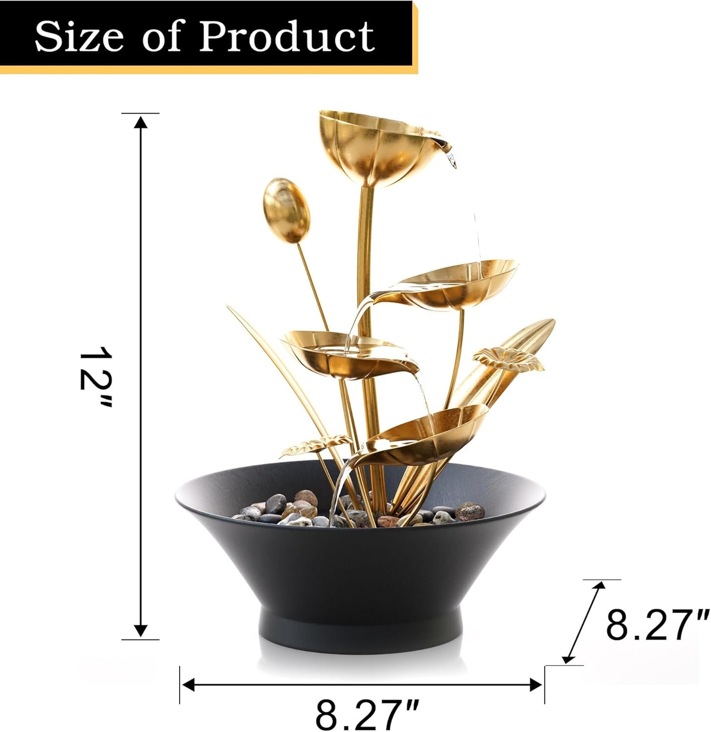 Tabletop Water Fountain, Indoor Waterfall Meditation Fountain with Golden Lotus Modeling & Natural Rocks, Home Decor for Office, Bedroom