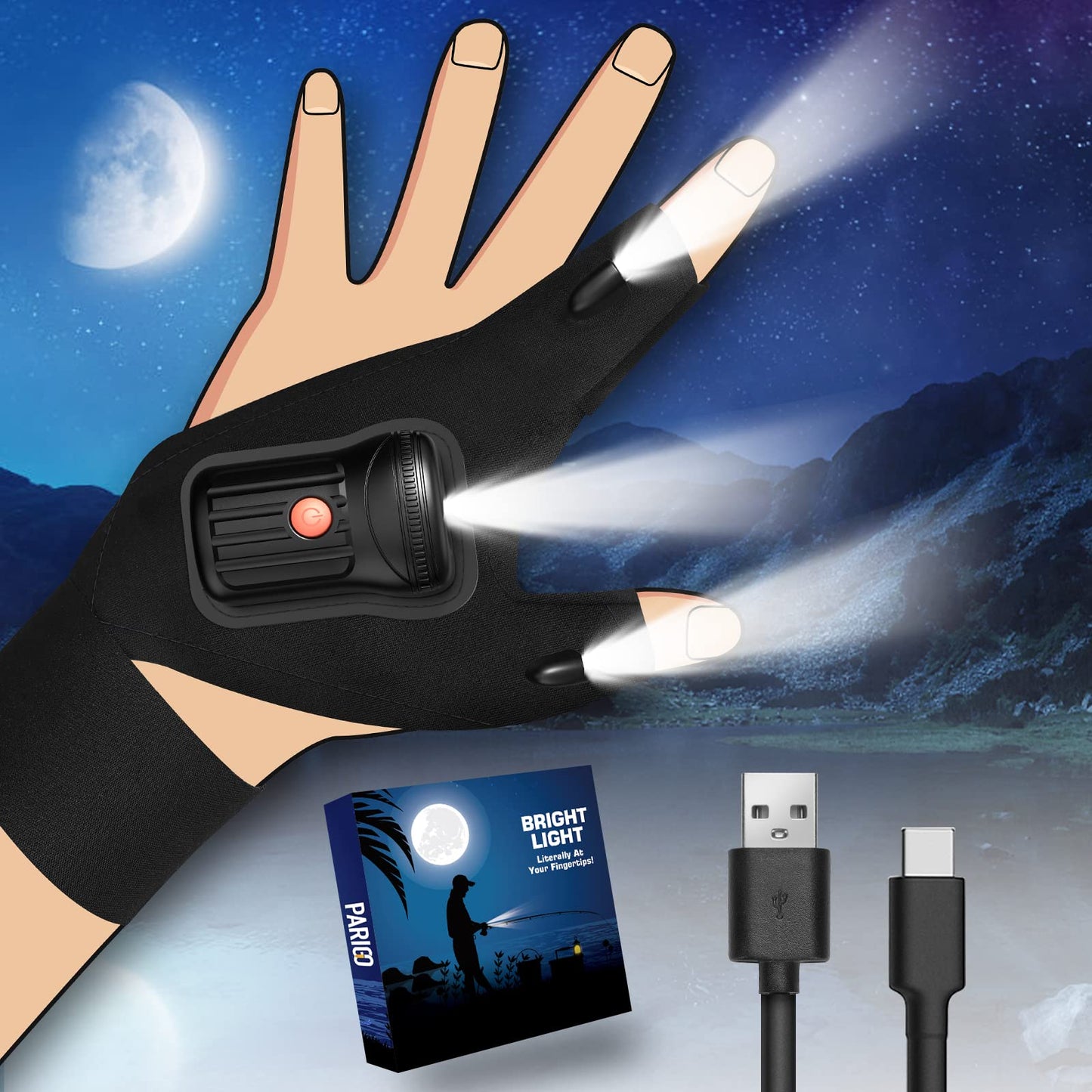 PARIGO Flashlight Gloves for Men, Rechargeable LED, Black, Model PARIGO 3LEDS, Ideal for Fishing, Camping, Repairing, Christmas Gifts