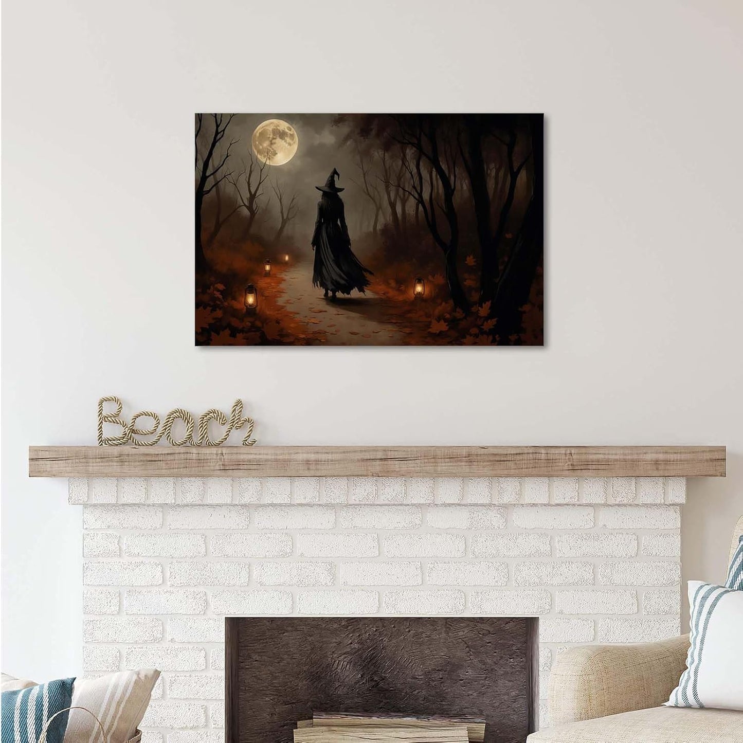 Moonlight witch poster dim lantern Halloween decoration Gothic style dark retro college style canvas wall art suitable for living room bedroom24x36in Wood Framed