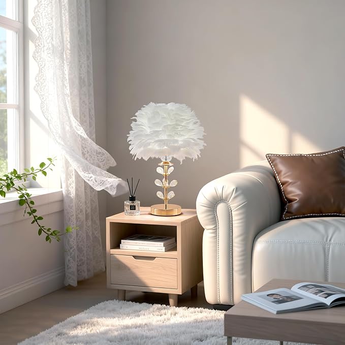 Chic White Feather Lamp Creative Fluffy Table Lamp Cute Kids Bedside Lamp Modern Feather Desk Light for Teen Girls Bedroom Living Room Entryway Study Room Wedding Deco