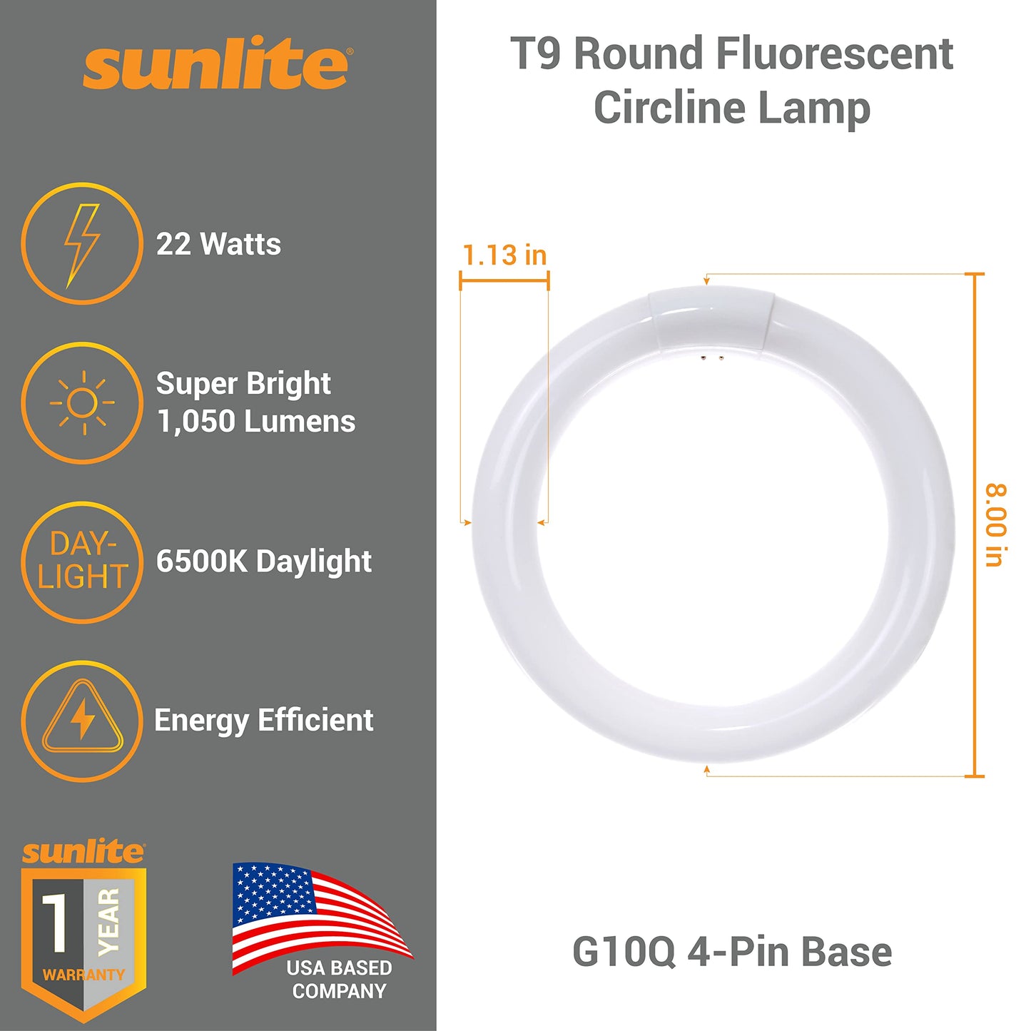 Sunlite T9 Round Fluorescent Circline Lamp 22W 1050 Lumens G10Q 4-Pin Base 6500K Daylight 1 Pack