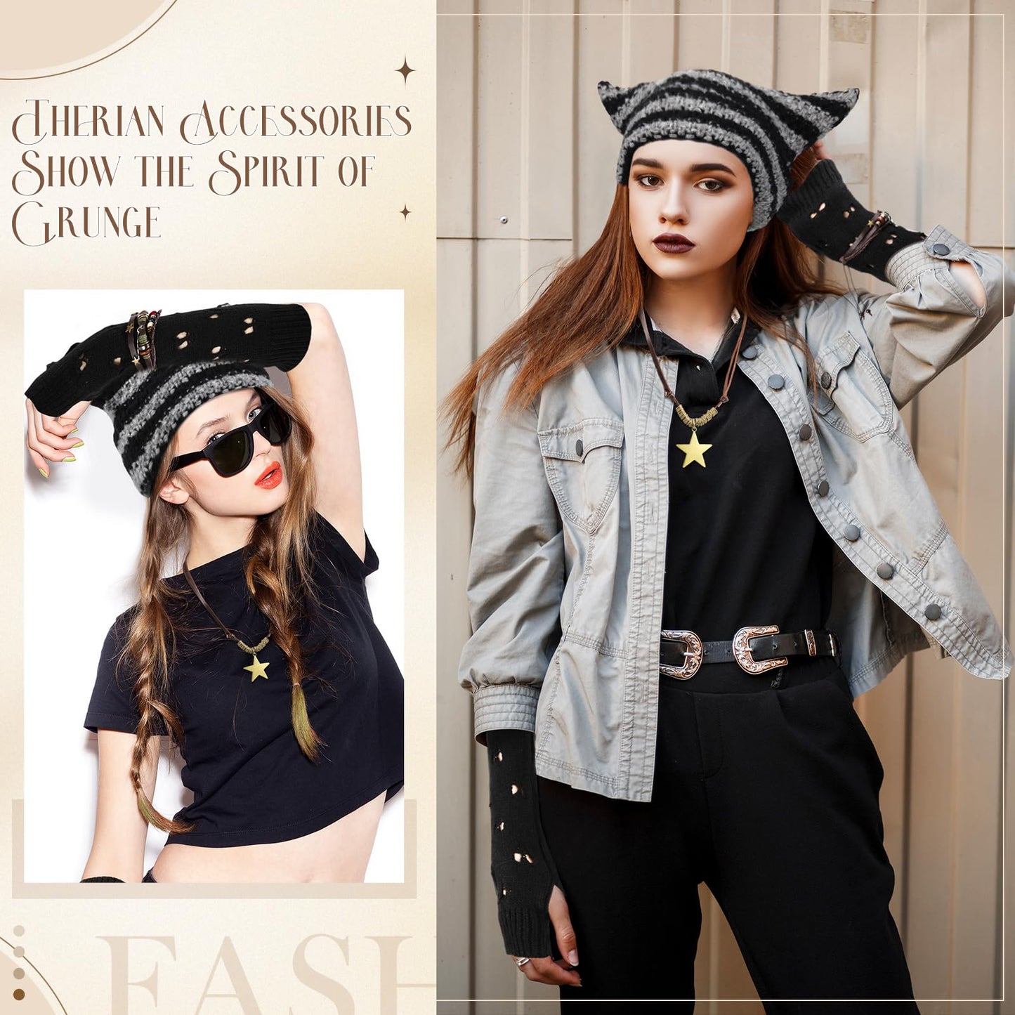 JaGely 4 Pcs Therian Grunge Emo Accessories for Women Cat Beanie Fairy Ripped Gloves Y2k Necklace Fairycore Bracelets Jewelry(Black)