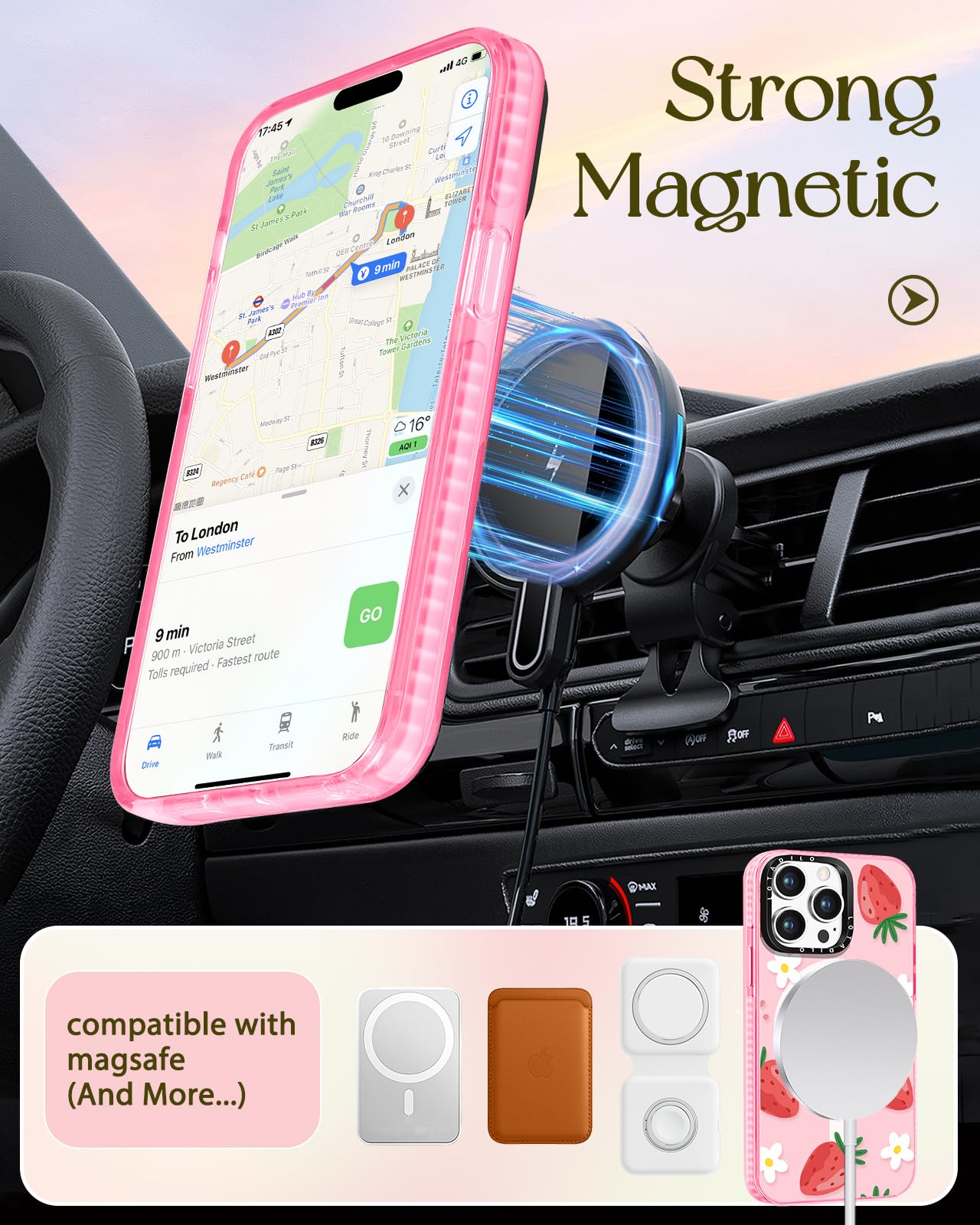 Lotadilo For Iphone 13 Pro Case For Women Girls - Cute Design Compatible With Magsafe Magnetic Ring Holder Stand Strawberry Flow