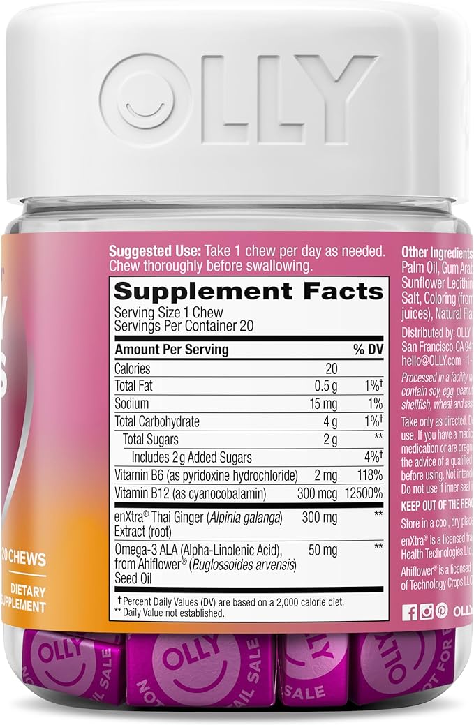 OLLY Focused Thinker Brainy Chews, Omega-3 ALA, Vitamins B6 & B12, Plus Thai Ginger Extract for Alertness, Concentration & Cognitive Performance Support, Vegetarian, Raspberry, 20 Count