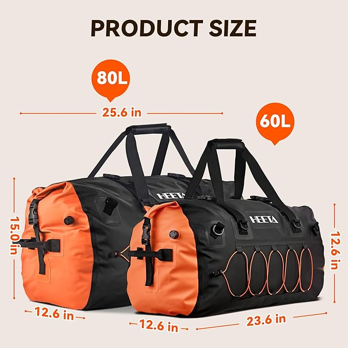 HEETA Waterproof Duffel Bag Motorcycle Dry Bag Backpack, Extra Large Rolltop Travel Duffle Bags with Straps & Handles for Kayaking Rafting Boating Canoeing Camping Gym Beach (Black, 60L)