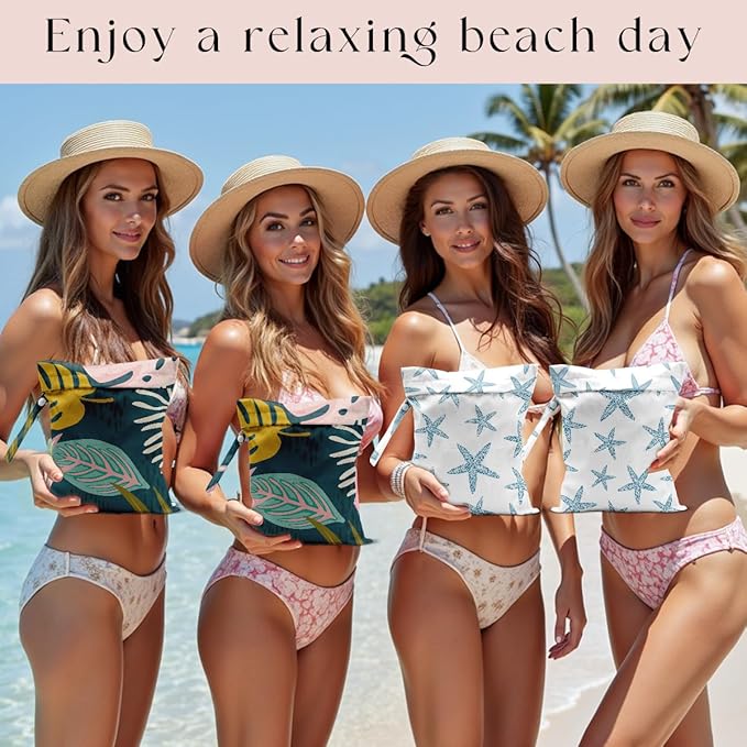 4 Pack Wet Bag for Swimsuit, Beach Travel Essentials Wet Dry Bag, for Sunscreen Toiletry Dirty Clothes Yoga Gym Diaper, Friend Summer Beach Vacation Gifts. Starfish, Palm leaves