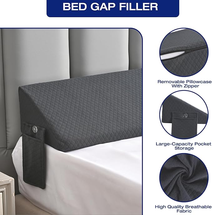 Full Size Bed Wedge Pillow for Headboard/Full Mattress, Bed Wedge Gap Filler Triangle Pillow Plus Long Bed Bolster Pillow for Space Between Bed and Headboard Loft College Dorm Room Essentials Grey